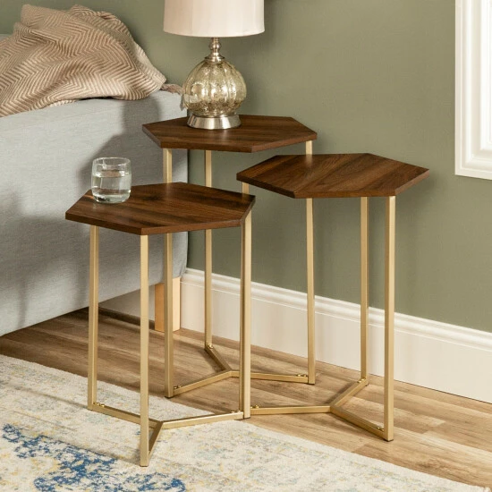 New 😍 Middlebrook Designs Middlebrook Linder Hex Nesting Tables, Set Of 3 Gold / Dark Walnut 👏 3 New 😍 Middlebrook Designs Middlebrook Linder Hex Nesting Tables, Set Of 3 Gold / Dark Walnut 👏