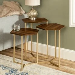 Alternative view of New 😍 Middlebrook Designs Middlebrook Linder Hex Nesting Tables, Set Of 3 Gold / Dark Walnut 👏