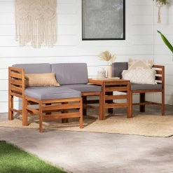 Best Sale 🧨 Middlebrook Designs Middlebrook 5-Piece Acacia Wood Outdoor Patio Modular Sectional Dark Brown / Navy Blue 🔔