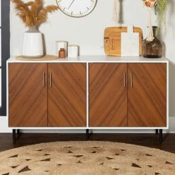 Budget 🧨 Middlebrook Designs Middlebrook Cassandra 58-inch Mid-century Modern 4-door Buffet White / Acorn Bookmatch 💯